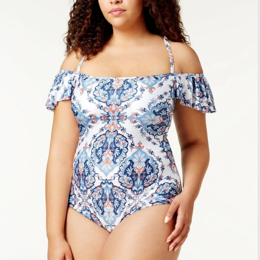 NWT BECCA ETC Plus Size 2X Blue Paisley Off Shoulder One Piece Swimsuit